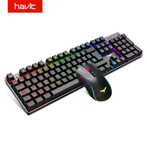 Havit Mechanical Gaming Keyboard and Mouse Combo Blue Switch 104 Keys Rainbow Backlit Keyboard, 4800 DPI 7 Button Mouse Wired - electronicshypermarket