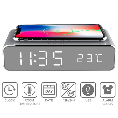 2 in 1 LED Alarm Clock Qi  Wireless Charger and Temperature Display