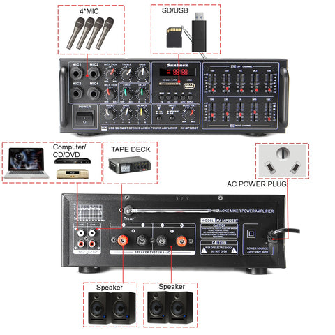 2000W Amplifier  With Bluetooth USB SD AMP FM DVD AUX and Remote Control